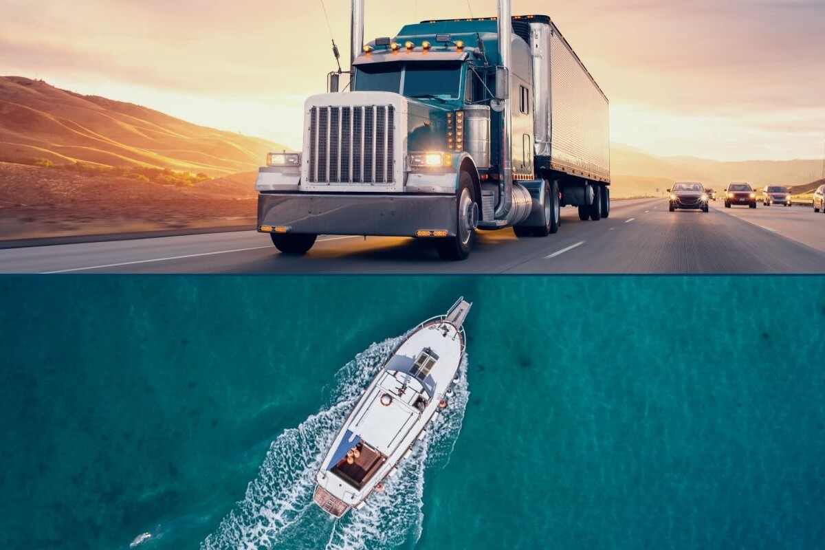 picture of a truck on a highway and a birds-eye view of a boat